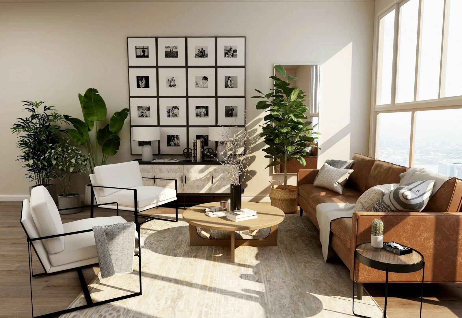 A bright living room with a coated sofa and rug